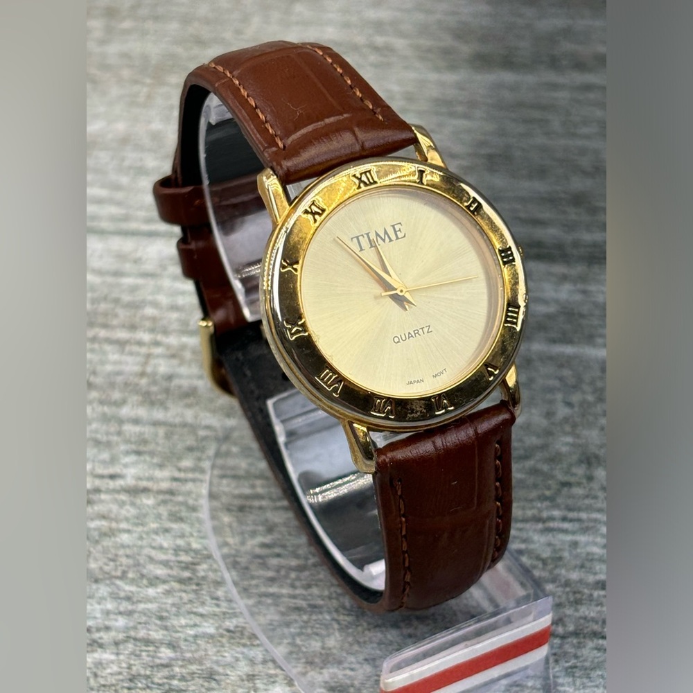 VTG Time Magazine Japan Gold Tone Brown Leather Wrist Watch Works Quartz